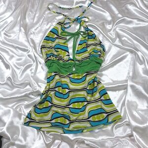 y2k Halter Top Green Excellent Retro Mod Geometric Print Ruched Empire Waist